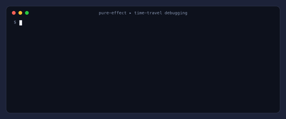 Terminal session: timeTravel replays a recorded checkout flow, narrating three recorded steps and ending in a Failure, with no database and no network